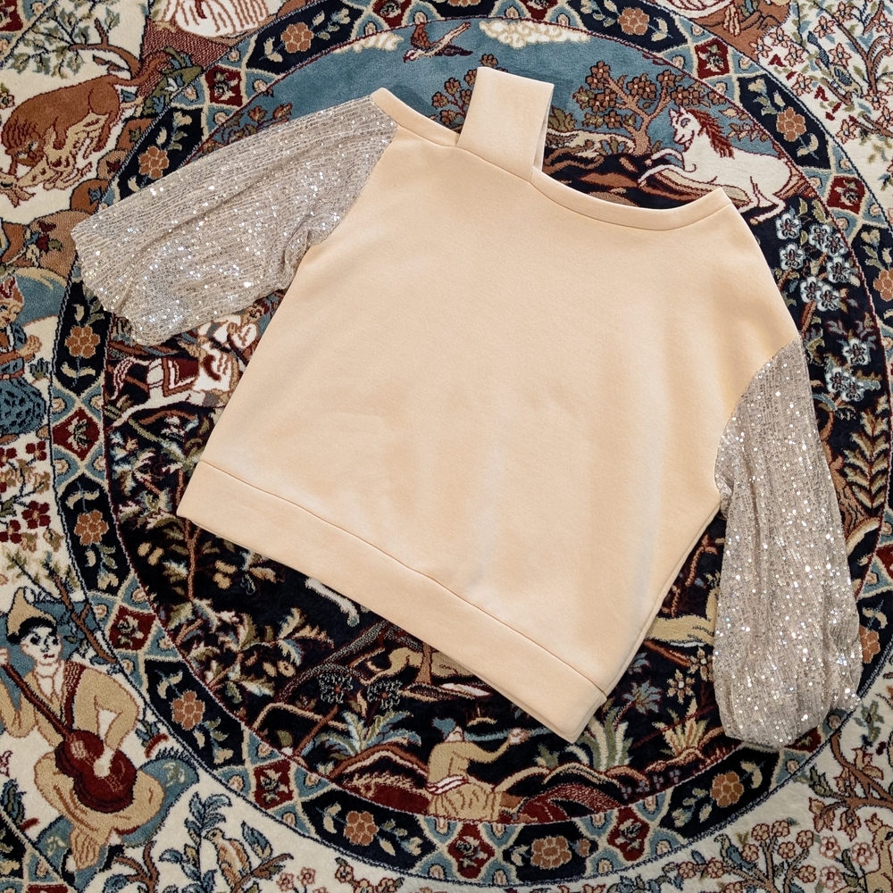 Sequin Sleeves Cream Off-the-Shoulder Knit Sweater